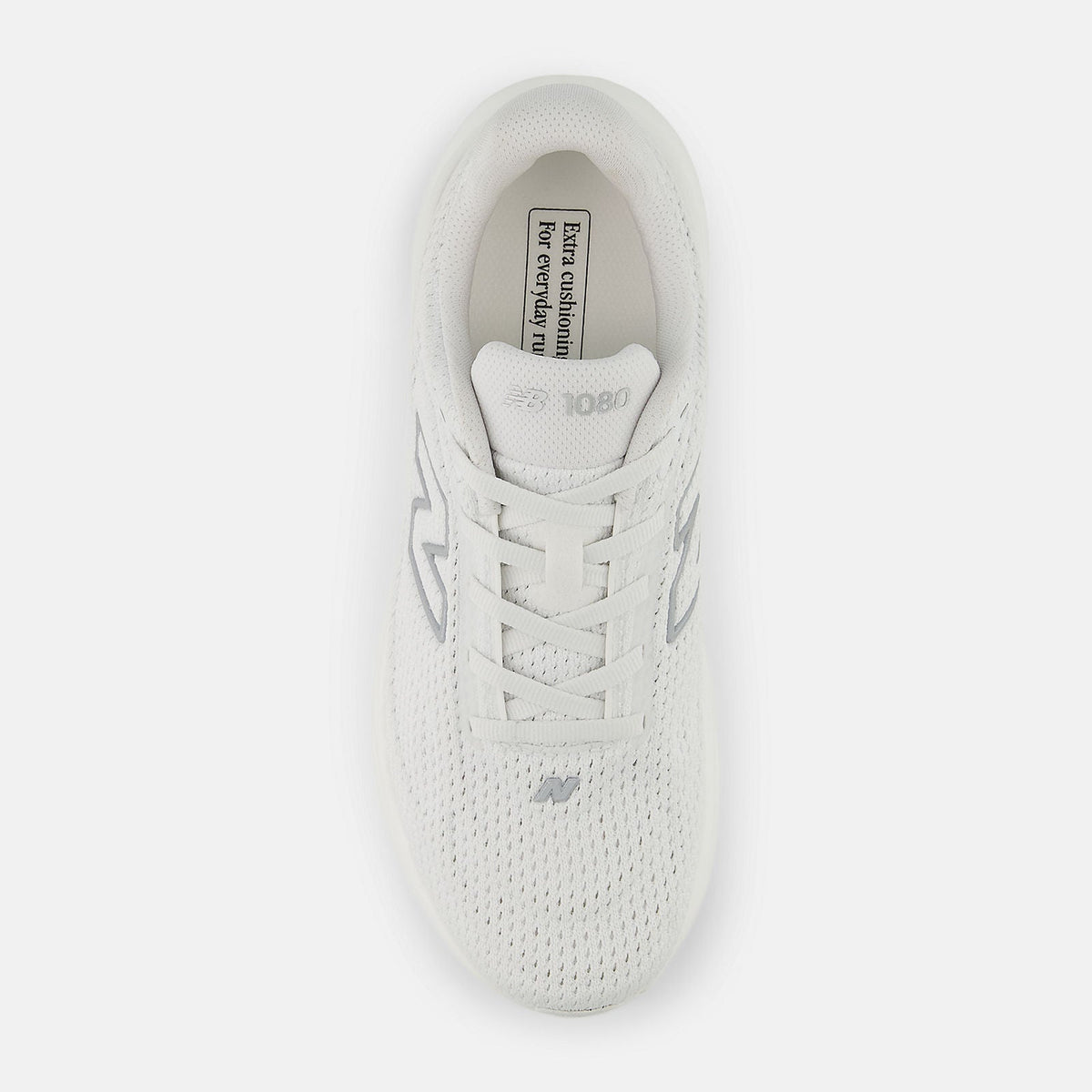 New Balance 1080 v15 women's running shoe in White/Silver Metallic — top view