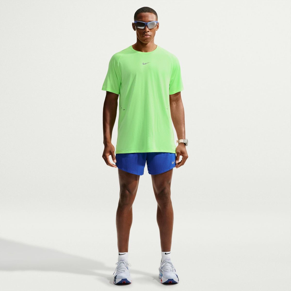 Men's Nike Stride Aero-Fit Short Sleeve Running Shirt in Volt/Light Silver, alternate front view.