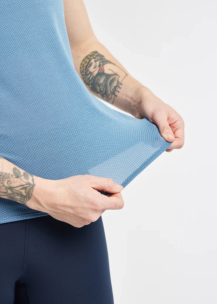 Women's Oiselle Flyout Racerback Tank in Stratus blue-green.