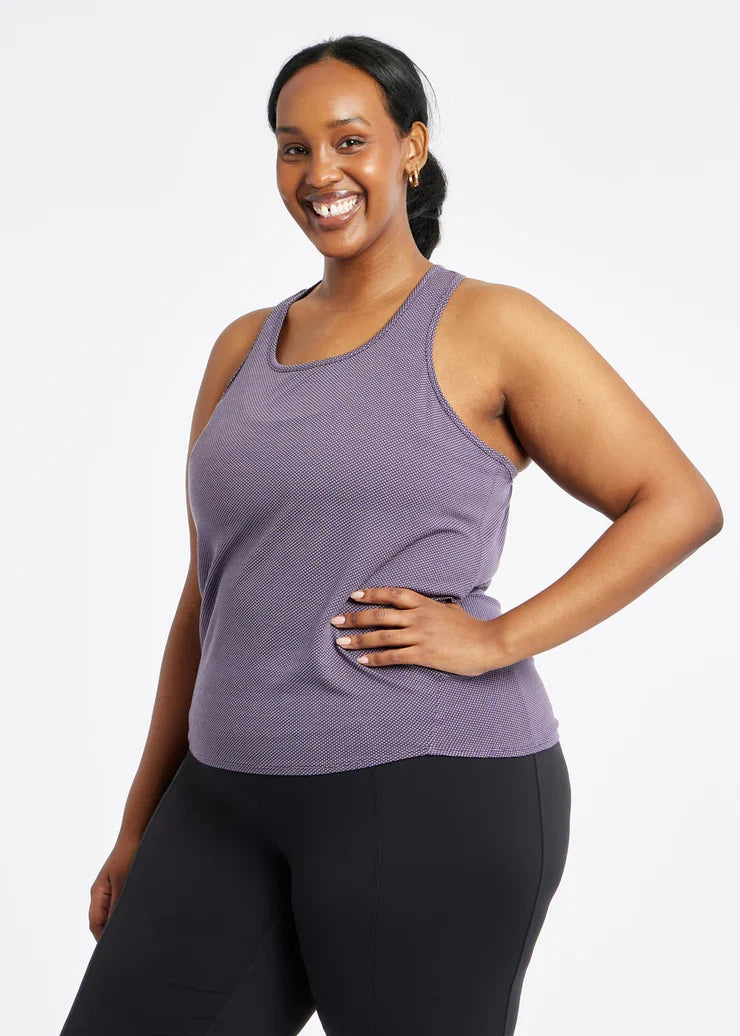 Women's Oiselle Flyout Racerback Tank in Twilight purple.