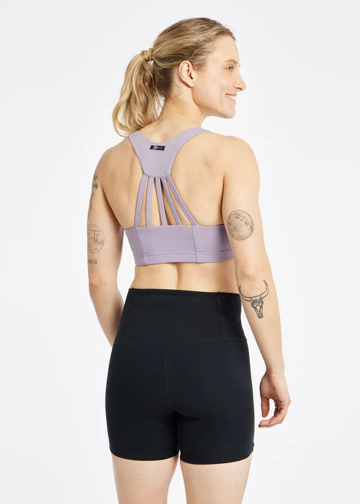 Women's Oiselle Open Lane Bra in Dusty Lavender, detail view