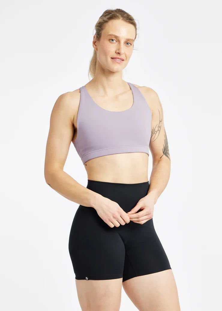 Women's Oiselle Open Lane Bra in Dusty Lavender, front view