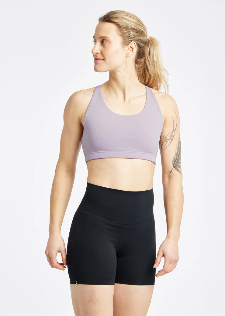 Women's Oiselle Open Lane Bra in Dusty Lavender, rear view
