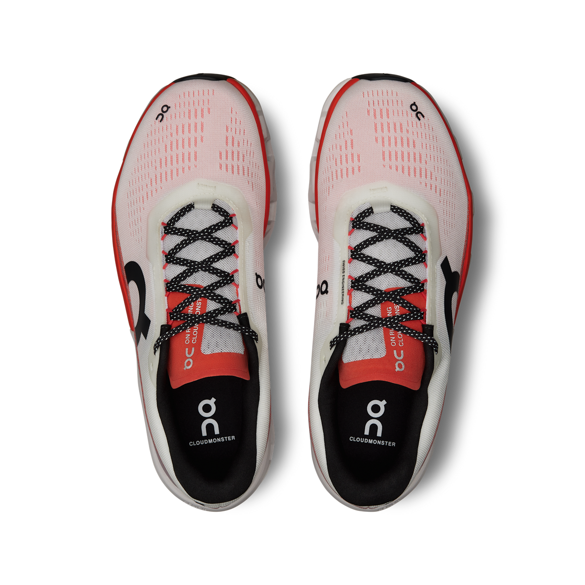 Men's On Cloudmonster 2 — Undyed/Flame. Top view of both shoes, orange accents and mesh upper.