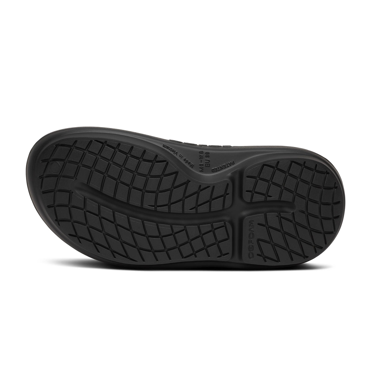 Oofos Ooclog+ Clog. Black colorway. Bottom view.