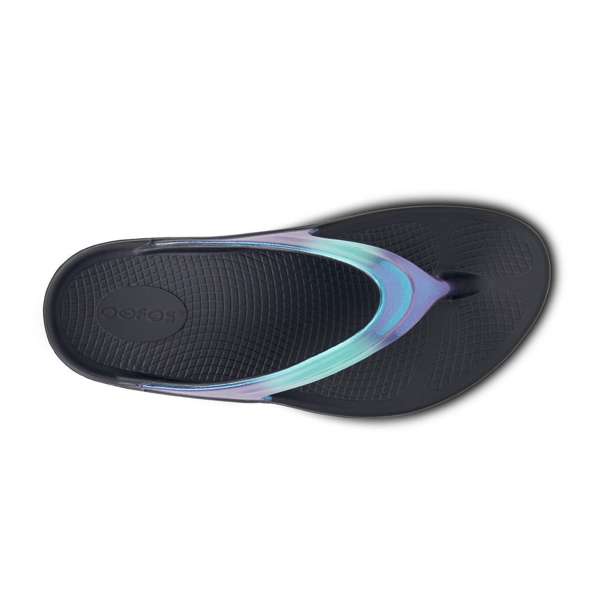 Women's Oofos Oomega Luxe. Teal/Black. Top view.