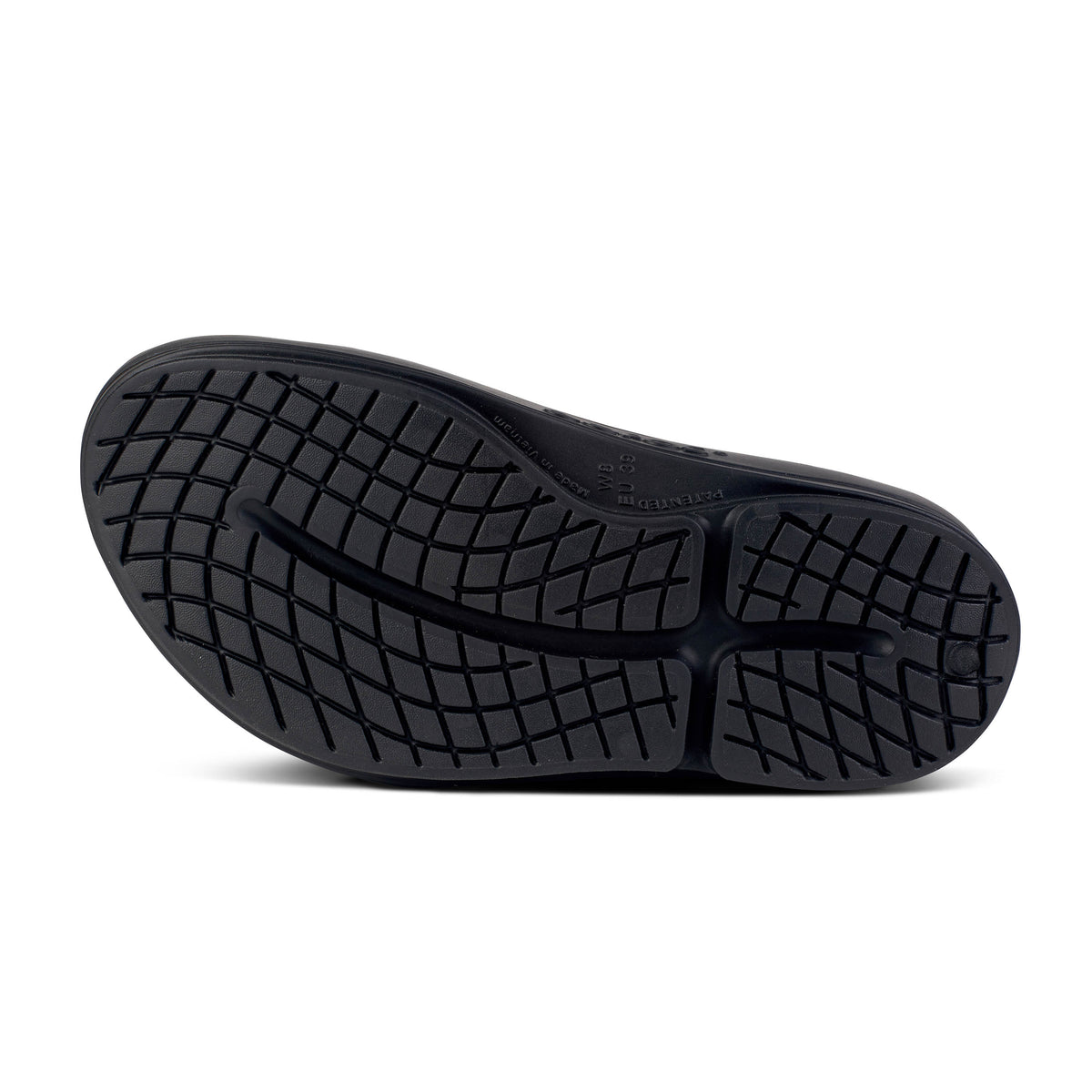Womens Oofos Oomega Ooahh. Black. Bottom view.