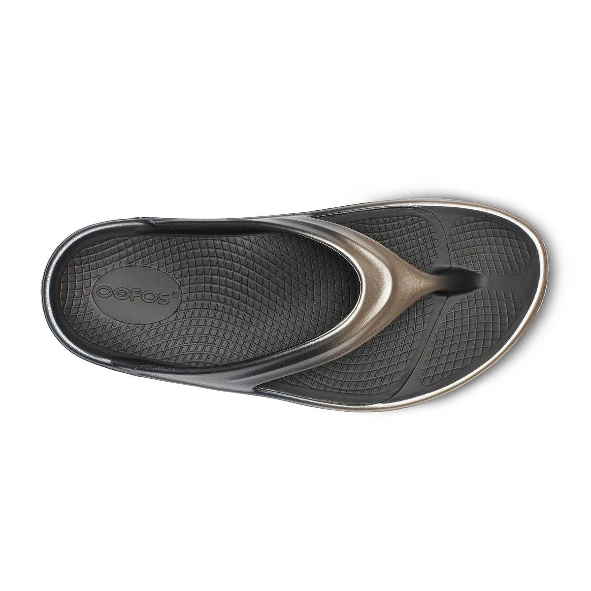 Women's OOFOS OOmega OOlala Luxe Sandal in Latte Fade. Gold and black. Top view.