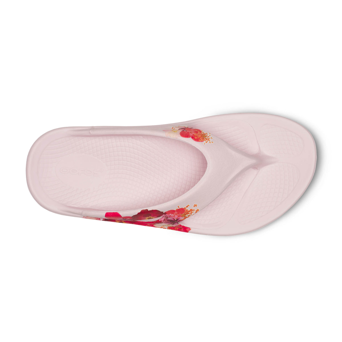 Oofos Ooriginal Limited Thong. Pink colorway with floral pattern. Top view.