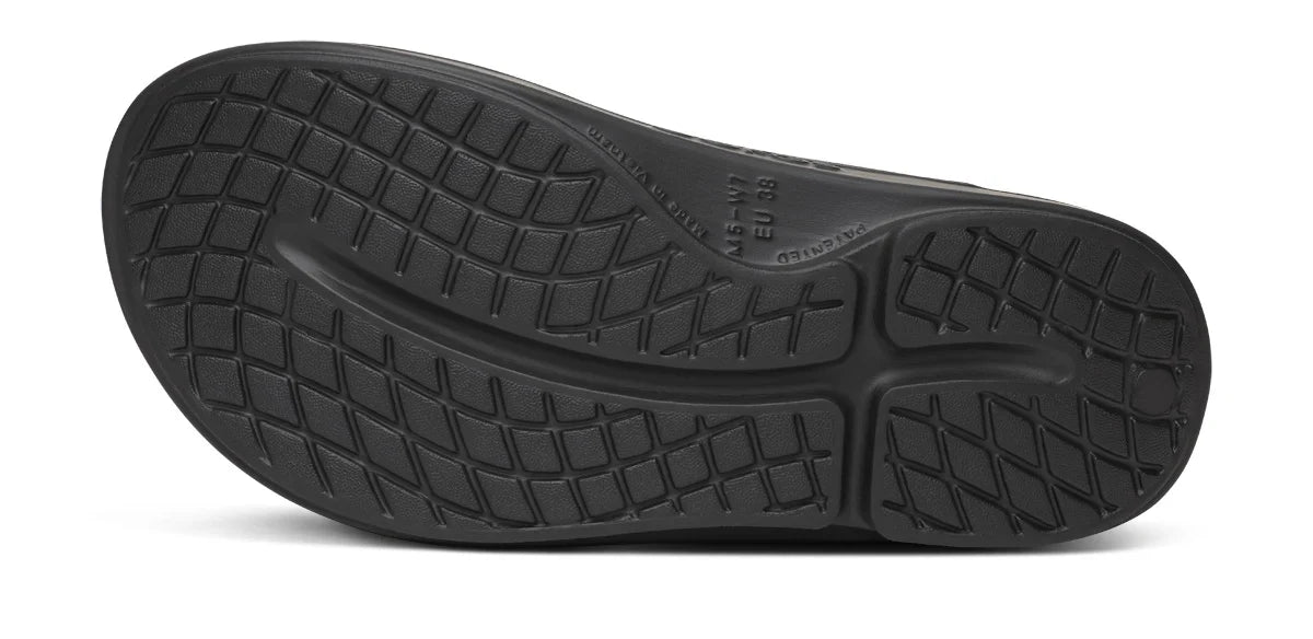 OOFOS OOriginal Sport Sandal in Night Camo. Camo upper and black midsole. Bottom view.