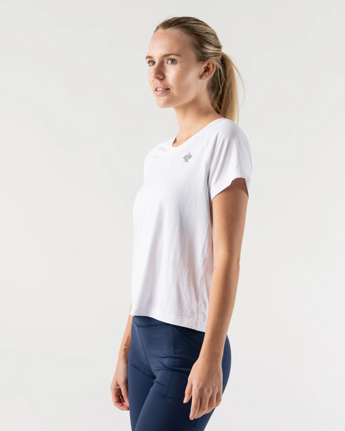 Women's rabbit EZ Cropped Tee. White. Front/Lateral view.