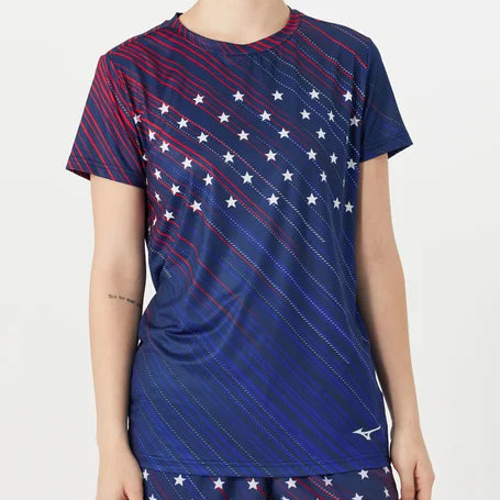 Women's Mizuno Patriot Short Sleeve. Red/White/Blue. Front view.