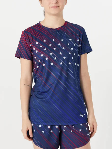 Women's Mizuno Patriot Short Sleeve. Red/White/Blue. Front view.