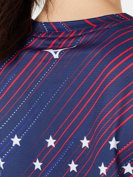 Women's Mizuno Patriot Short Sleeve. Red/White/Blue. Rear view.