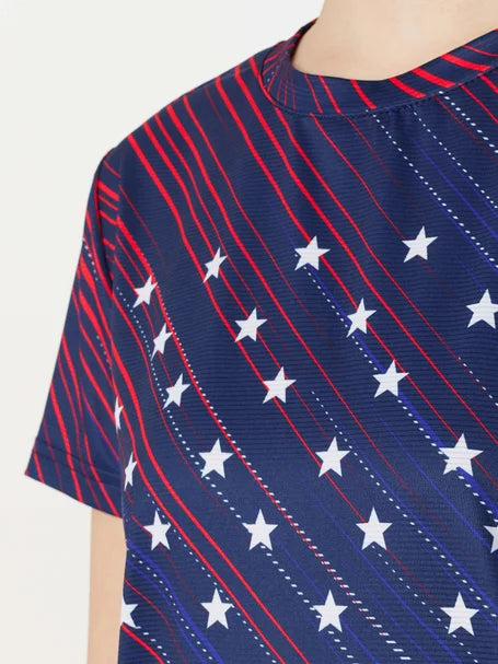 Women's Mizuno Patriot Short Sleeve. Red/White/Blue. Front view.