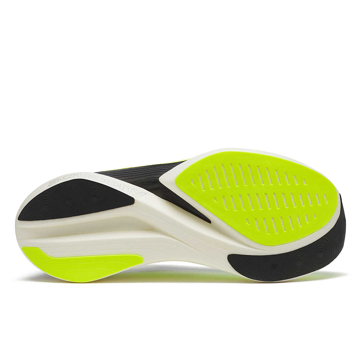 Unisex Saucony Endorphin Elite 2. Yellow/Black upper. White midsole. Bottom view.