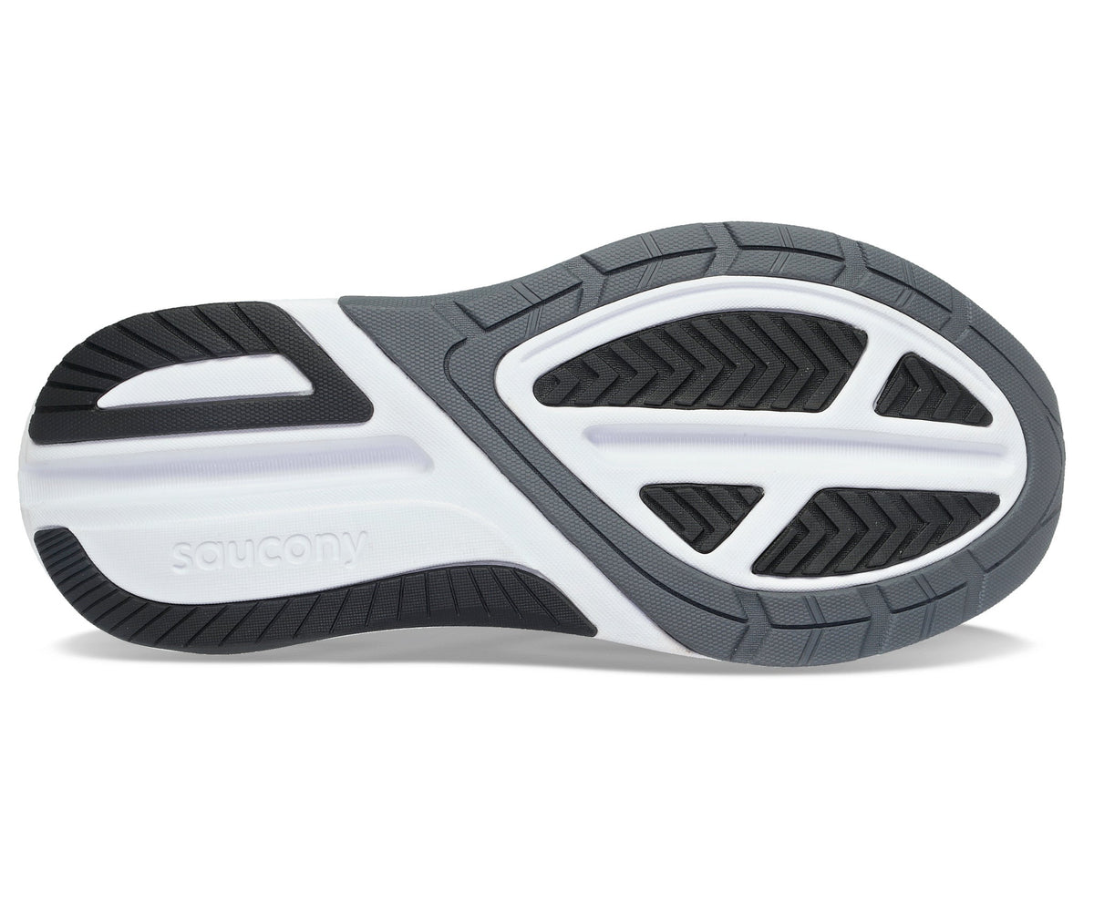 Men's Saucony Echelon 9. Black upper. White midsole. Bottom view.