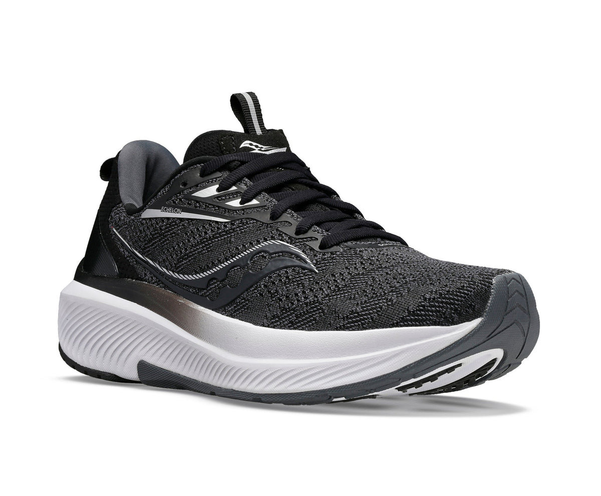 Men's Saucony Echelon 9. Black upper. White midsole. Lateral view.