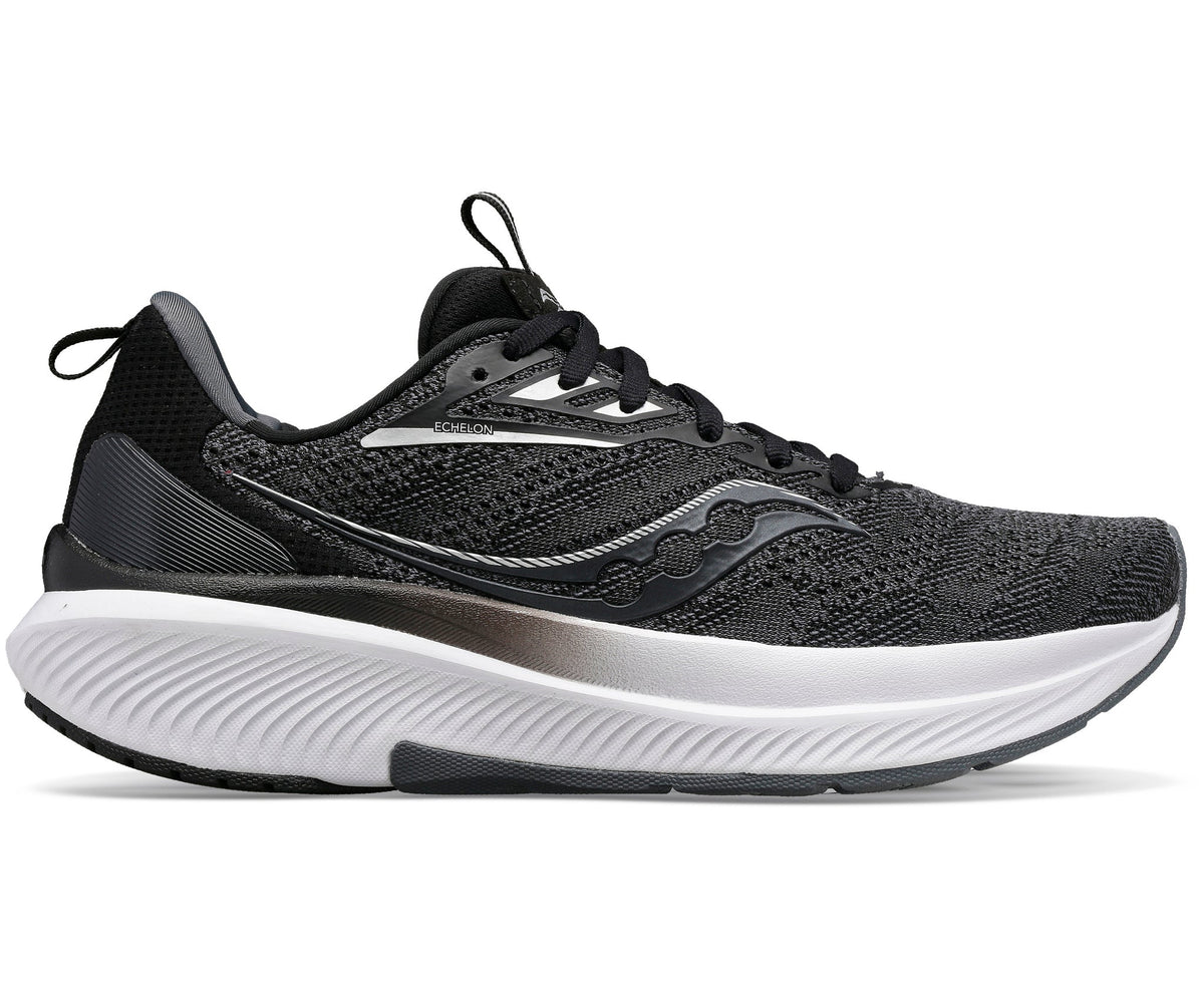 Men's Saucony Echelon 9. Black upper. White midsole. Lateral view.