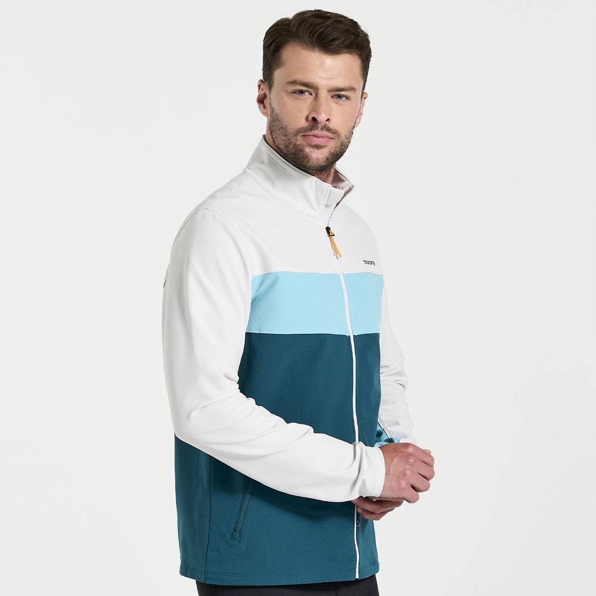 Men's Saucony Bluster Jacket. White/Green. Front view.