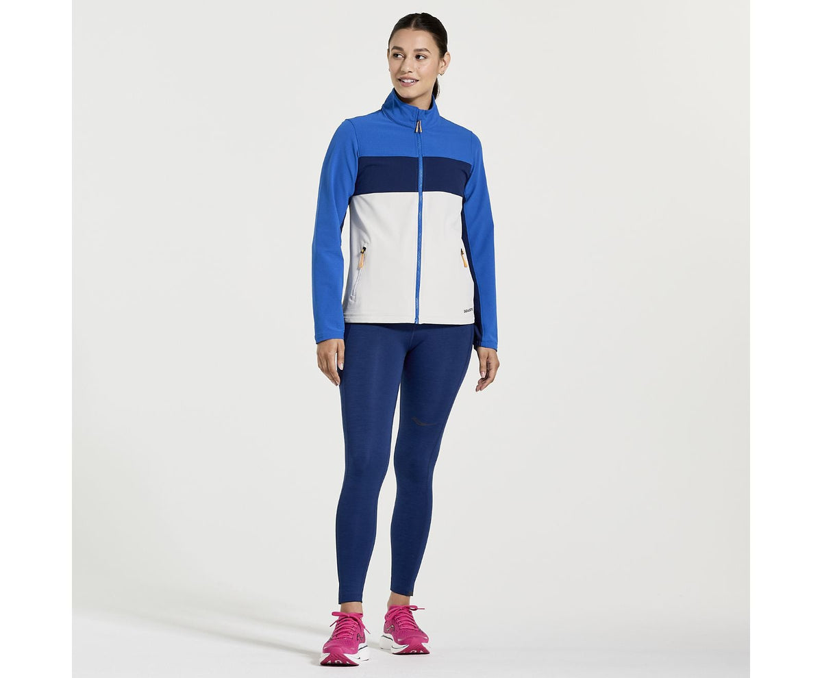 Women's Saucony Bluster Jacket. Blue/White. Front view.