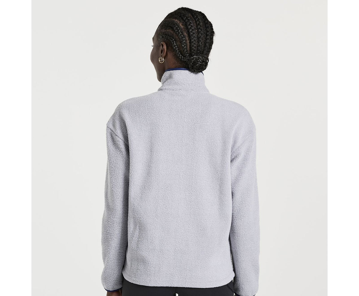 Women's Saucony Rested Sherpa 1/4 Zip. Light Grey Heather. Rear view.