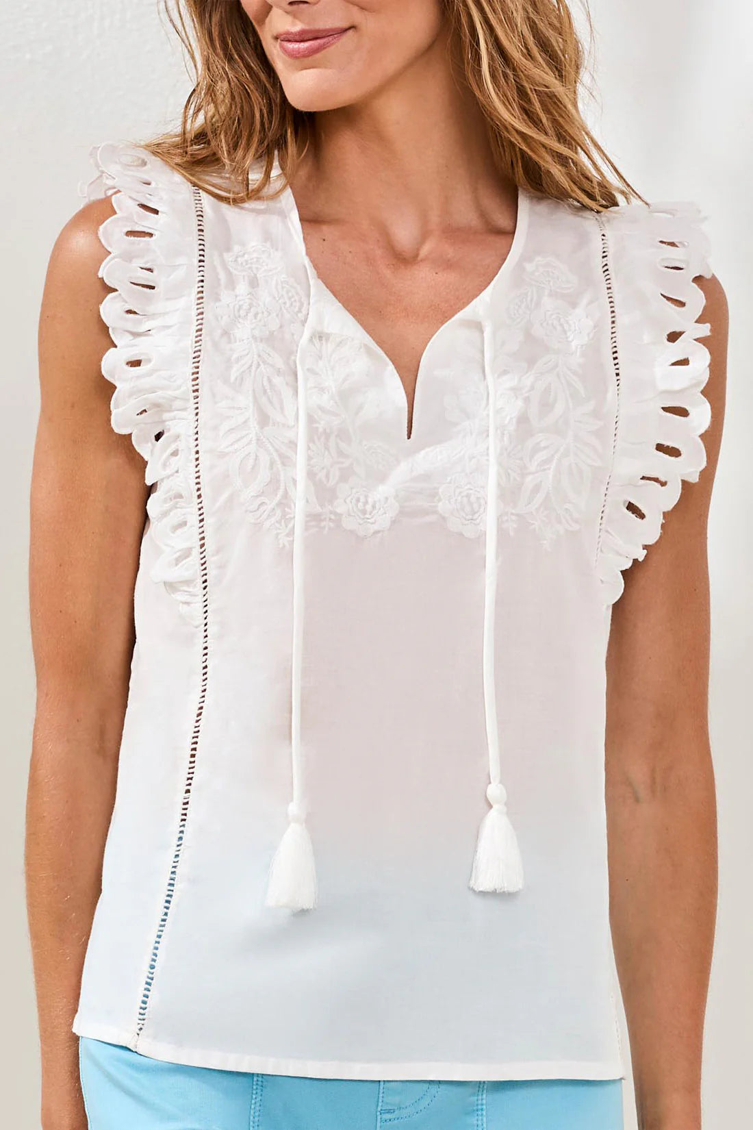 Tribal Cap Frill Sleeve Poplin Blouse With Embroidery Women's Ocean Pearl