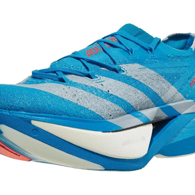 Unisex Adidas Adizero Prime X3 Strung. Blue upper. Blue midsole. Lateral view.