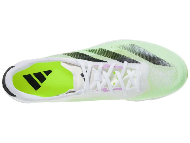 Unisex Adidas DistanceStar. White upper with green accents. Top view.
