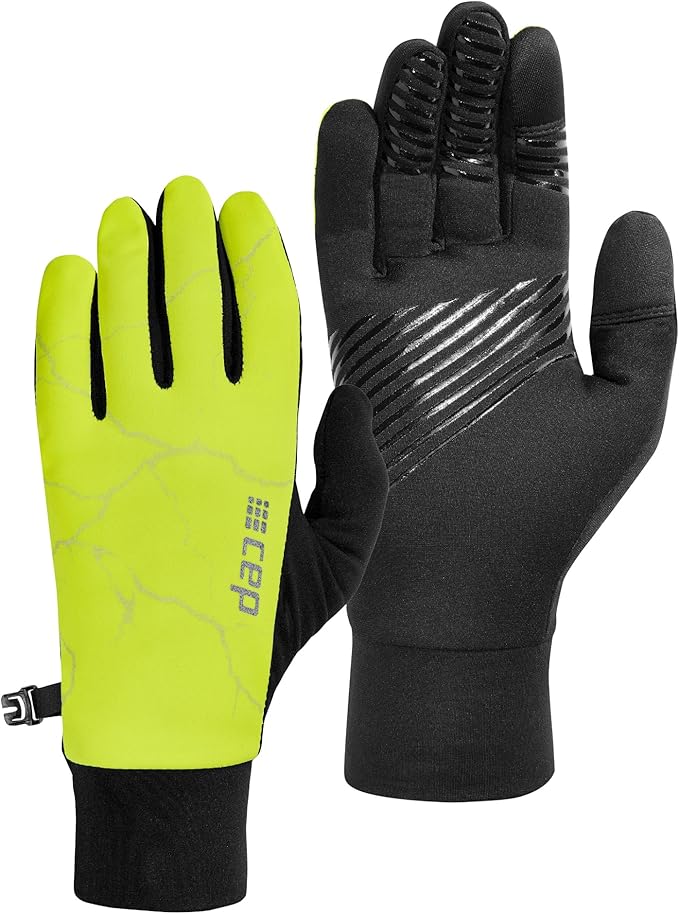 CEP Reflective Gloves. Black palm and thumb. Yellow back of hand. Front and back view.