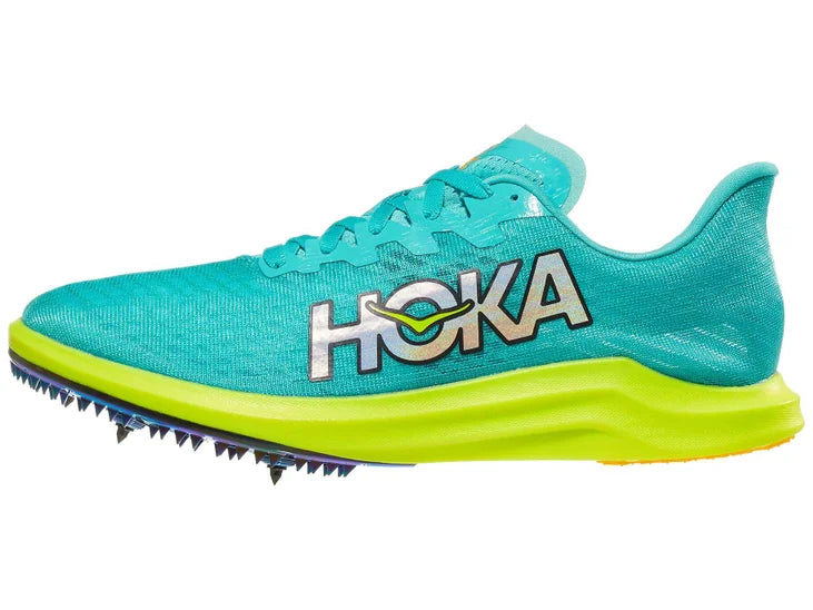 Hoka Cielo X 2 LD Spikes. Green upper. Yellow midsole. Lateral view.