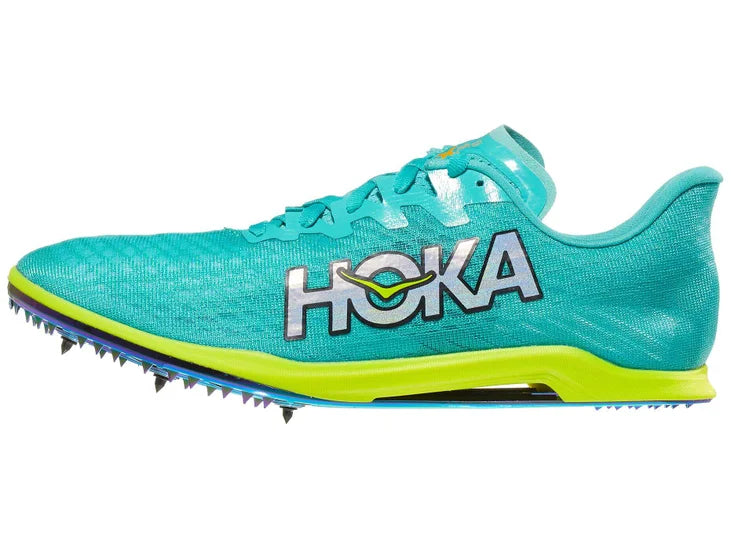 Hoka Cielo X 2 MD Spikes. Green upper. Yellow midsole. Lateral view.