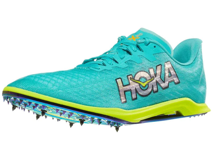 Hoka Cielo X 2 MD Spikes. Green upper. Yellow midsole. Lateral view.