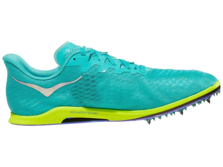 Hoka Cielo X 2 MD Spikes. Green upper. Yellow midsole. Medial view.