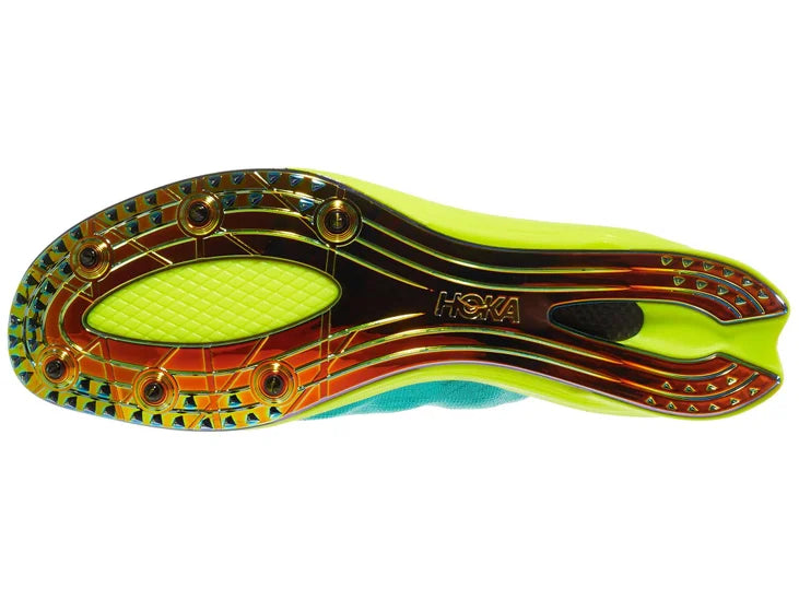 Hoka Cielo X 2 MD Spikes. Green upper. Yellow midsole. Bottom view.