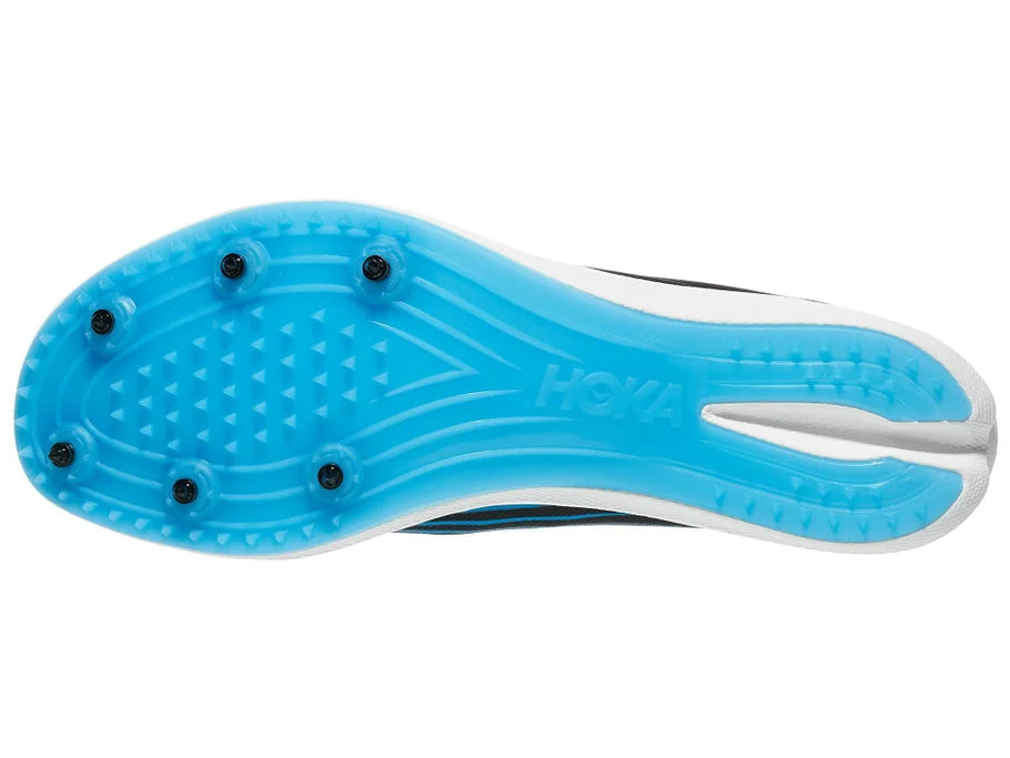 HOKA Crescendo MD 2 unisex track spike in Black/Skyward Blue, outsole view