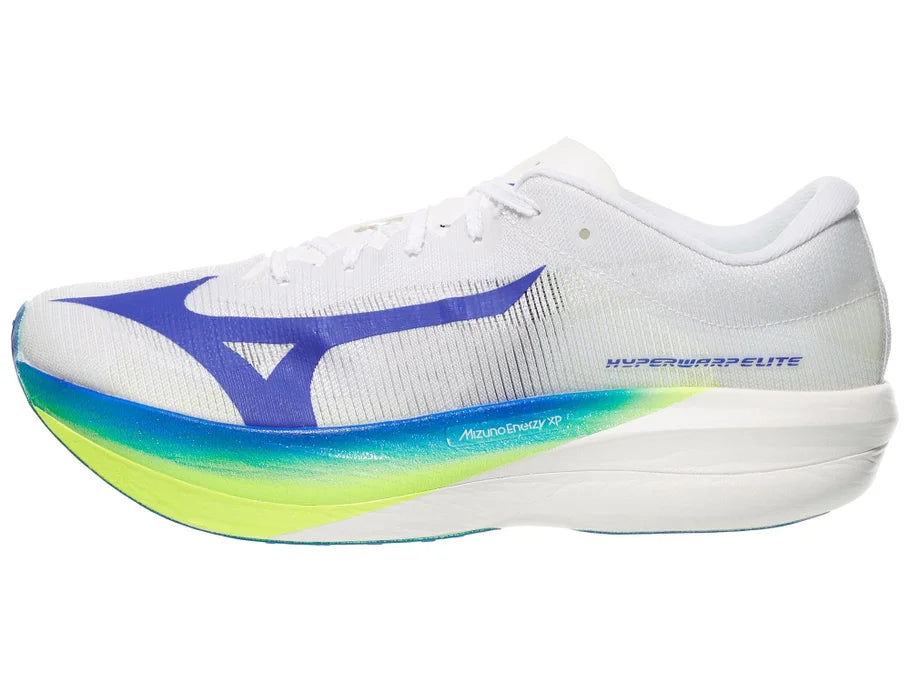 Mizuno Hyperwarp Elite. White upper. White/Yellow/Blue midsole. Lateral view.