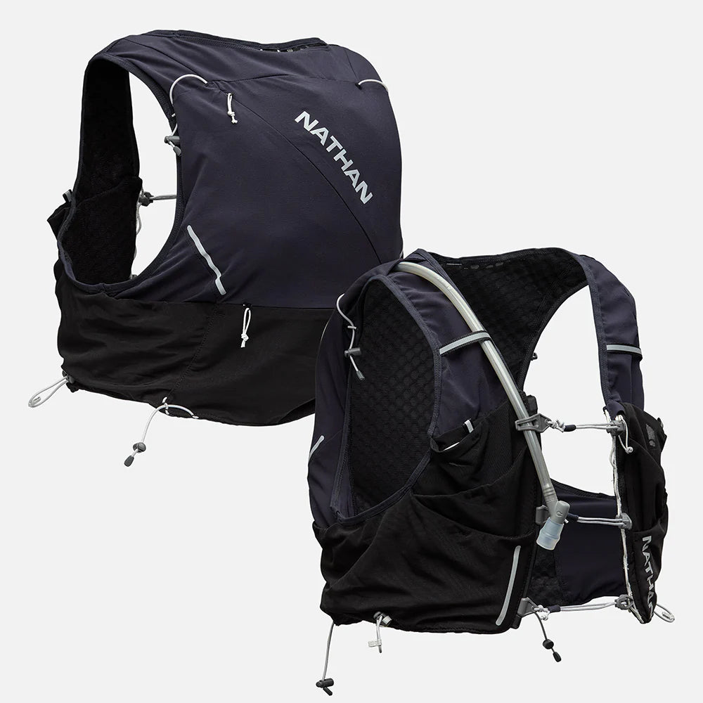 Unisex Nathan Pinnacle Pro 12 Liter Hydration Vest. Black. Front and back view.