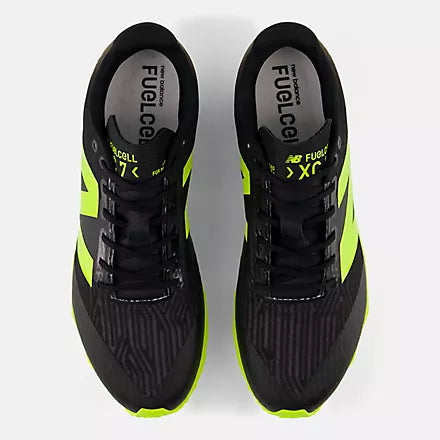 New Balance FuelCell X-7 v5. Black upper. Green/White midsole. Top view.