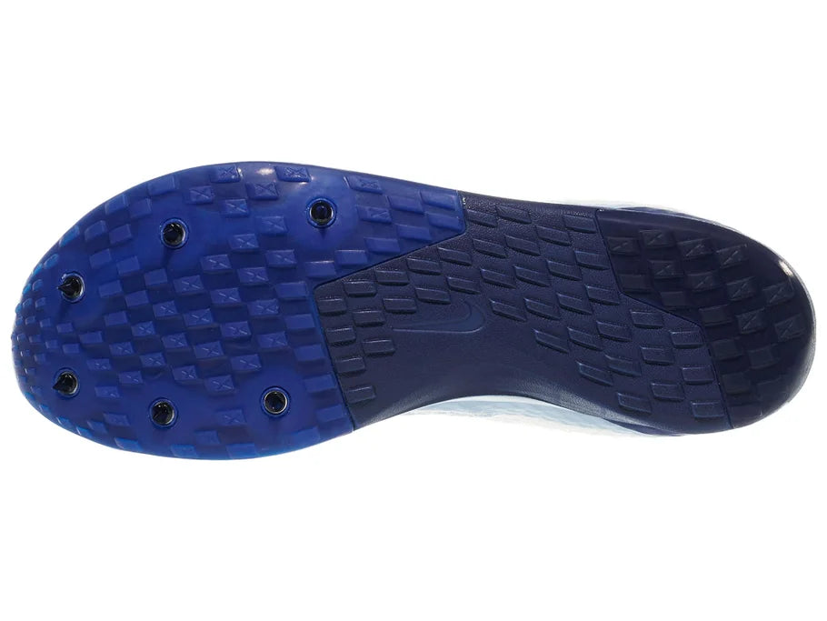 Nike Zoom Rival XC 7. White upper. Blue midsole. Bottom view.