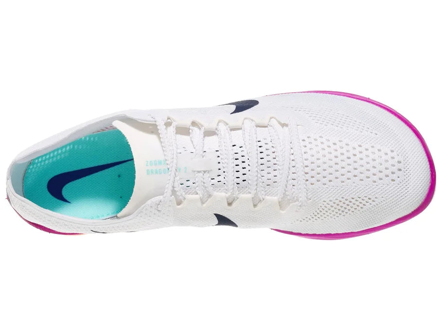 Nike ZoomX Dragonfly. White upper. Purple midsole. Top view.