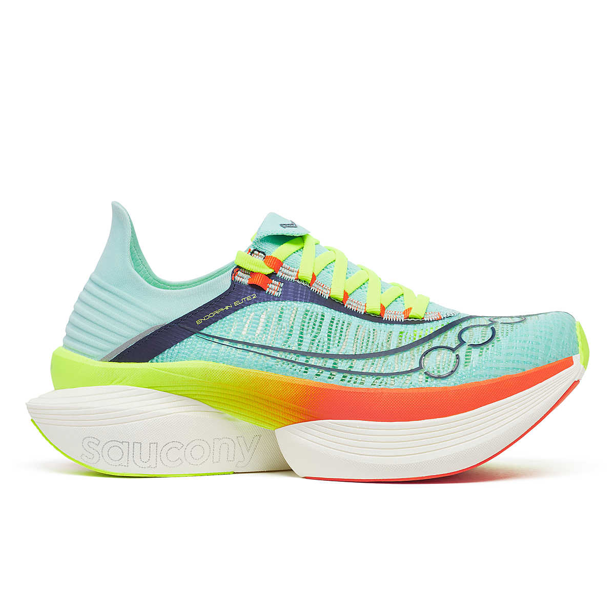 Unisex Saucony Endorphin Elite 2. Light blue upper. Rainbow and white midsole. Lateral view.