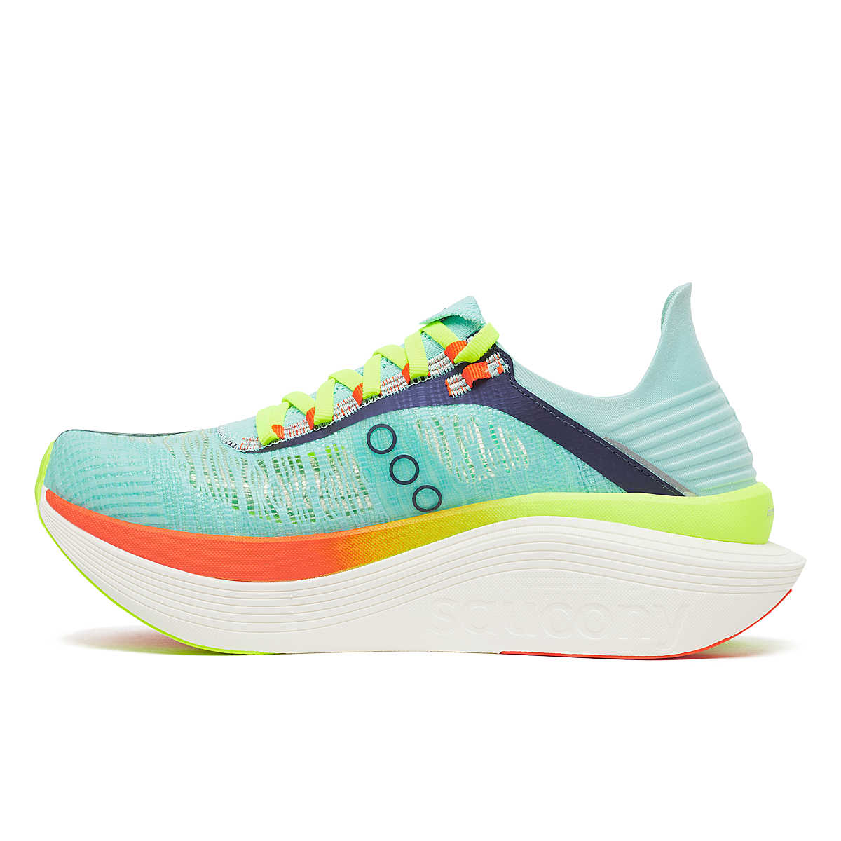 Unisex Saucony Endorphin Elite 2. Light blue upper. Rainbow and white midsole. Medial view.