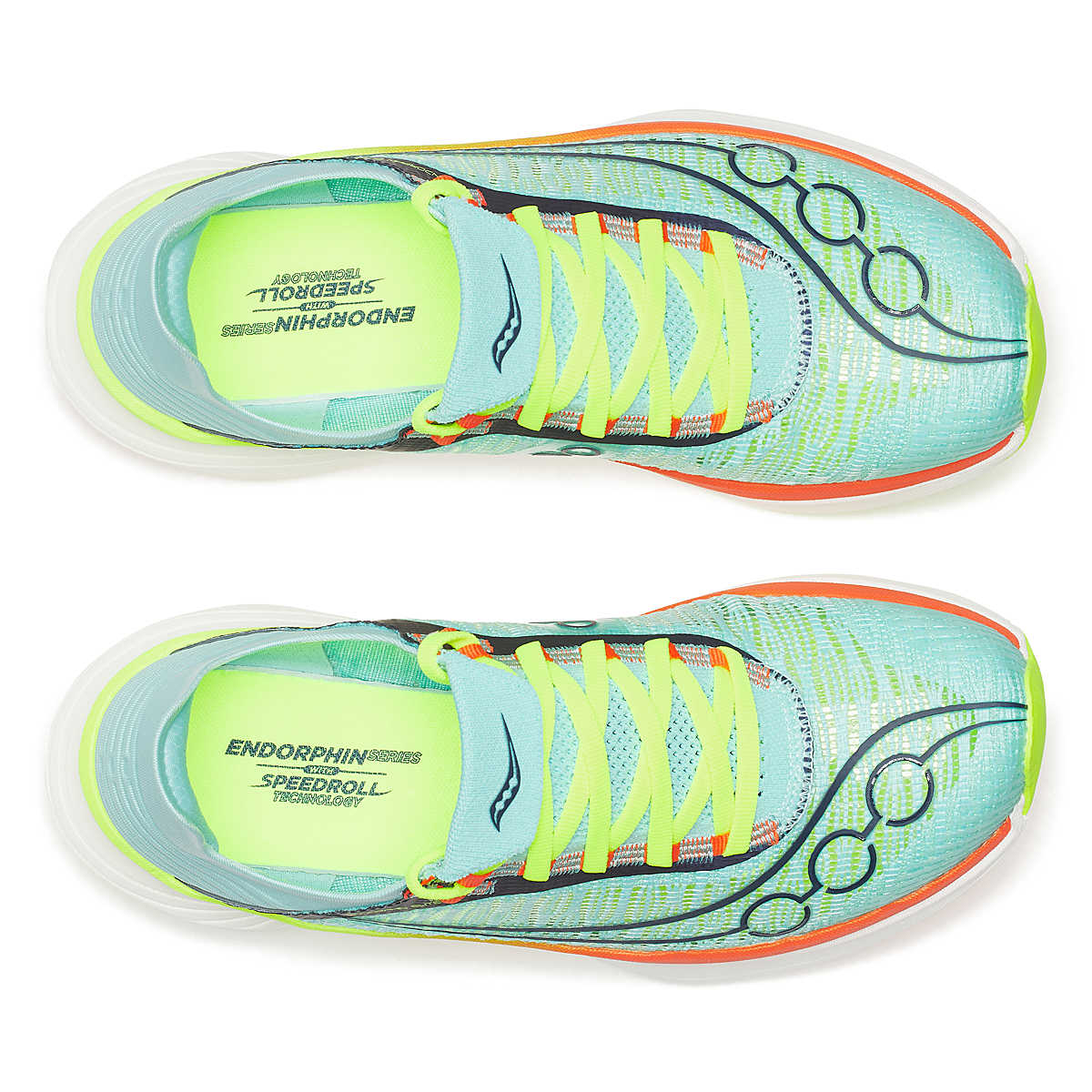 Unisex Saucony Endorphin Elite 2. Light blue upper. Rainbow and white midsole. Top view.