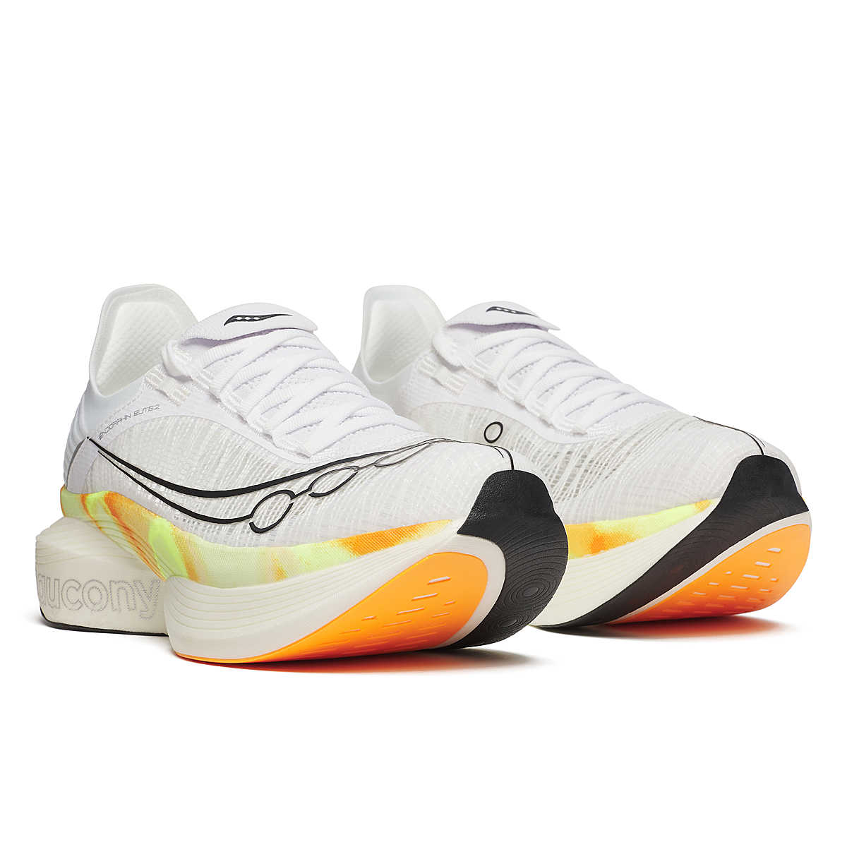 Unisex Saucony Endorphin Elite 2. White upper. White/Yellow midsole. Lateral view.