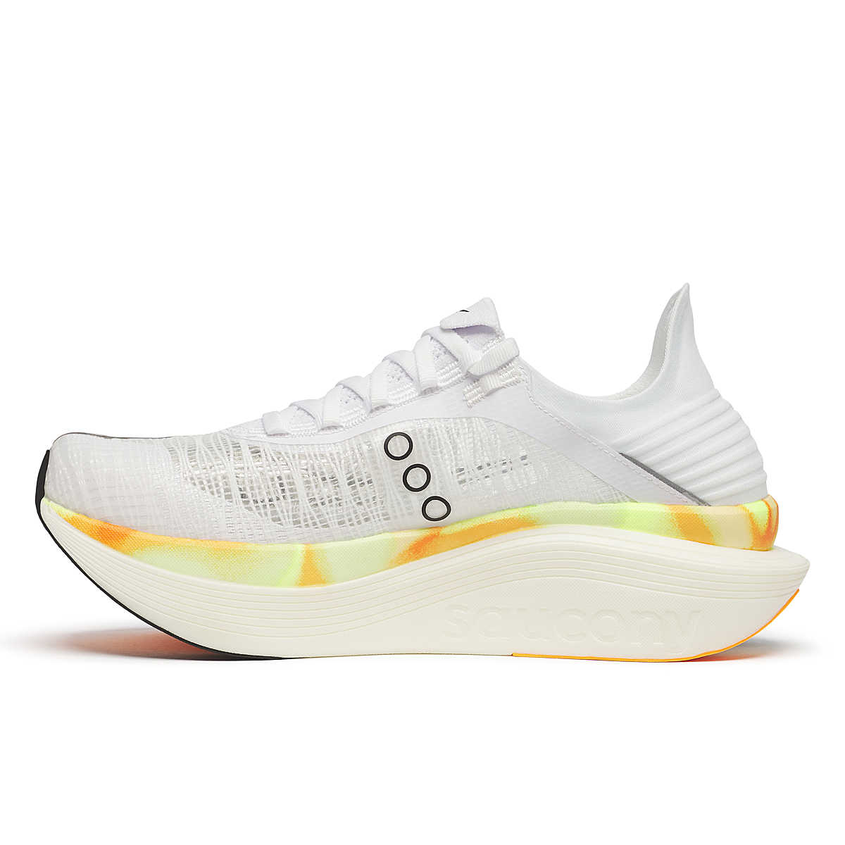 Unisex Saucony Endorphin Elite 2. White upper. White/Yellow midsole. Medial view.