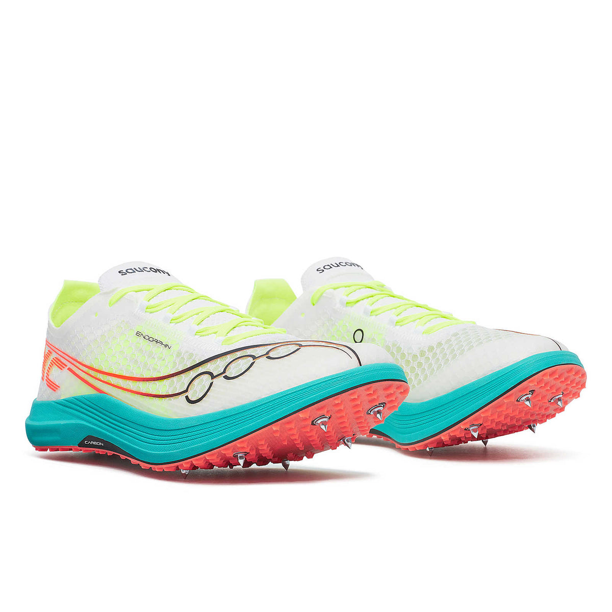 Unisex Saucony Endorphin XC Spikes. White upper. Teal midsole. Lateral view.