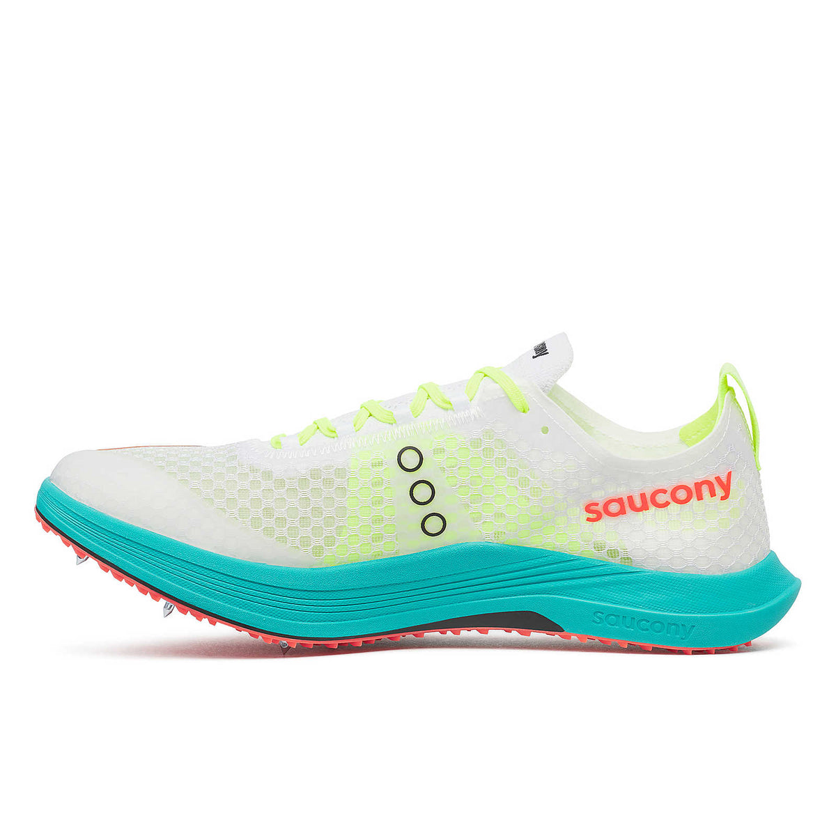 Unisex Saucony Endorphin XC Spikes. White upper. Teal midsole. Medial view.