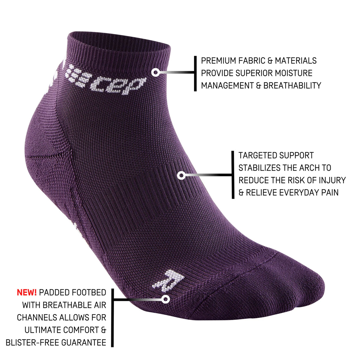 Women's CEP The Run 4.0 Low Cut Socks. Violet. Tech sheet.
