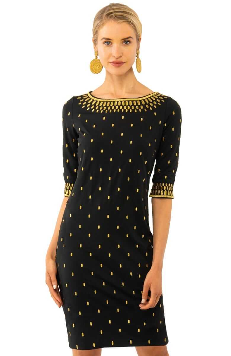 Women's Gretchen Scott Rocket Girl Dress. Black and gold colorway. Front view.